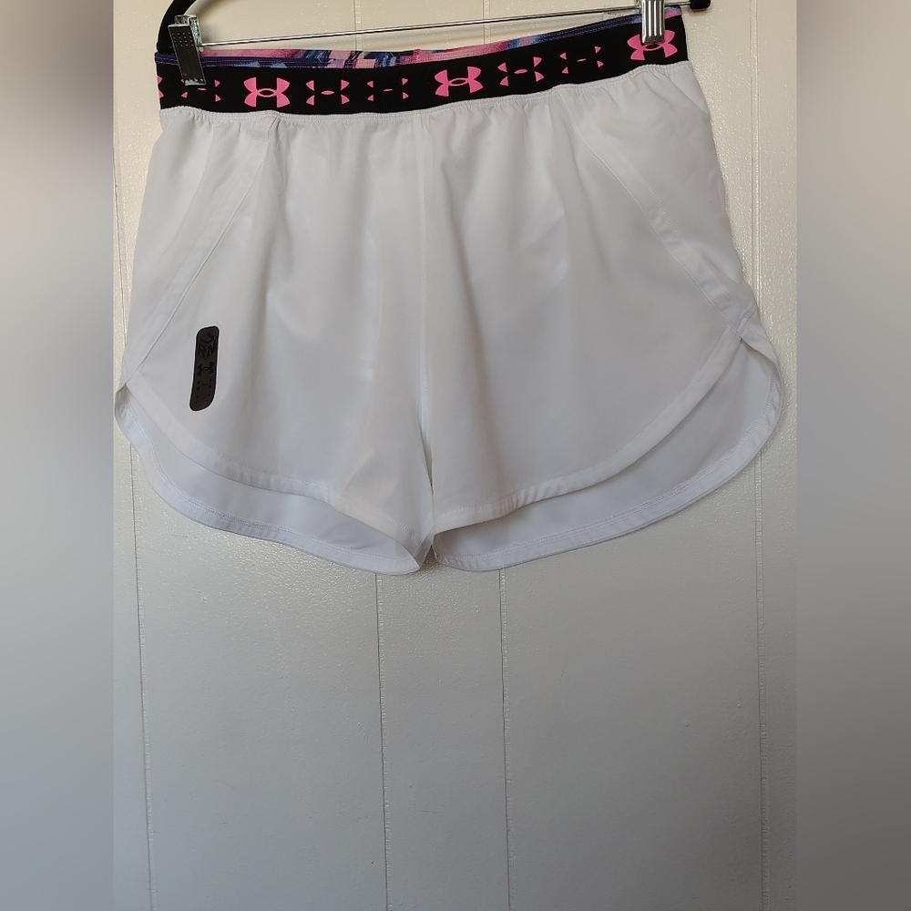 Under Armour Women's Athletic Shorts - White with Black Waistband Size L